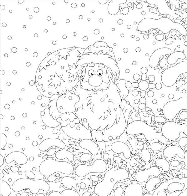 Kerstman met zijn magische zak met kerstcadeaus tussen besneeuwde dennentakken in een winterbos