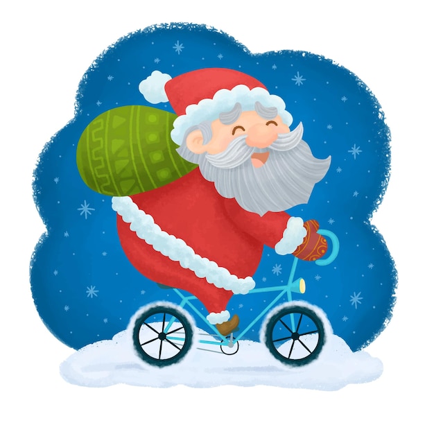 Kerstman op een fiets met een tas vol cadeaus