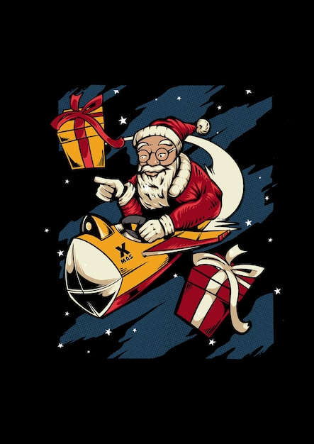 Vector kerstman op het vliegtuig gelukkige kerstavond vector met retro stijl ontwerp