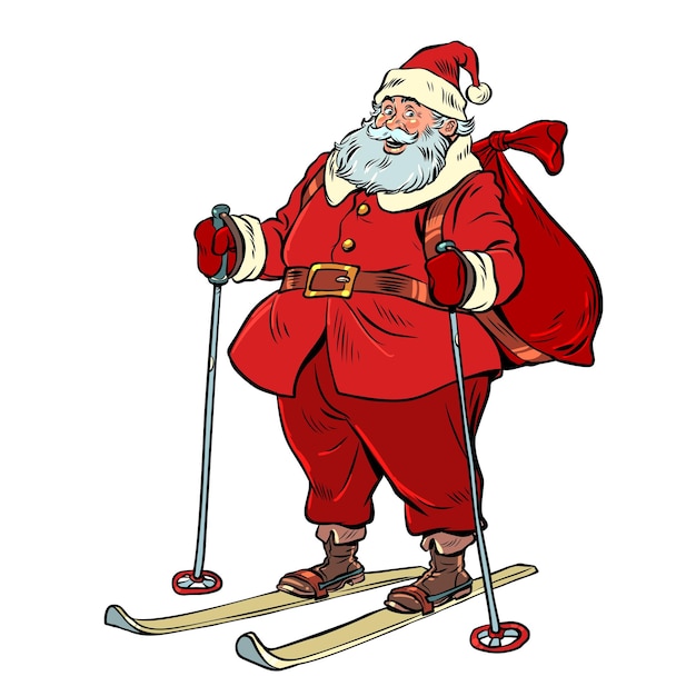 Vector kerstman op ski's kerstmis en nieuwjaar rood pak en grote tas met cadeaus vakantiekarakter