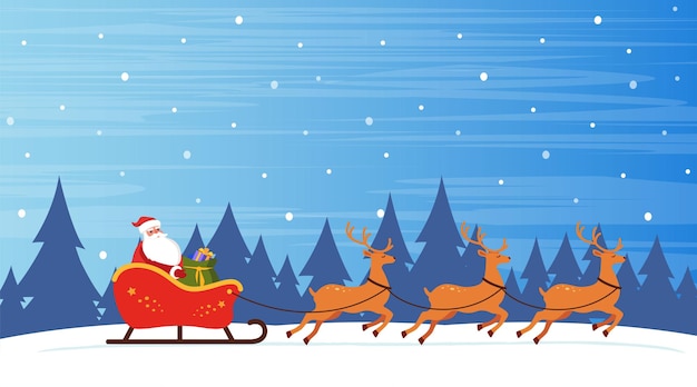 Kerstman rijdt in de slee met rendieren op een sneeuwachtige achtergrond