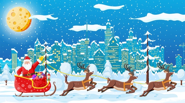 Kerstman rijdt rendieren slee Kerst winter stadsgezicht sneeuwvlokken en bomen Gelukkig Nieuwjaar decoratie Vrolijk kerstfeest Nieuwjaar en kerstviering Vector illustratie vlakke stijl