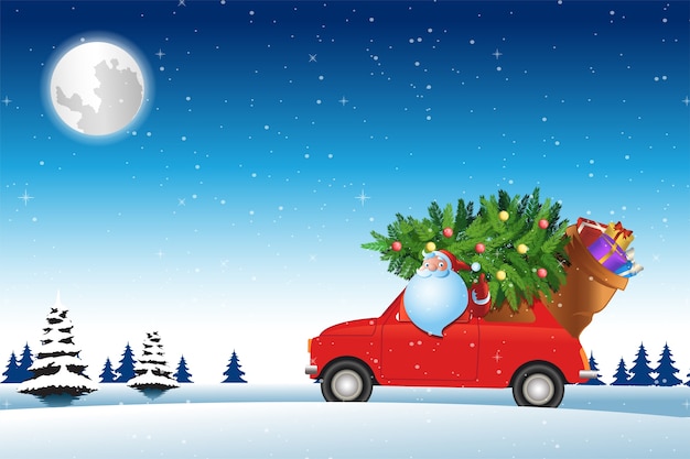 Kerstman rijdt rode auto door sneeuw met kerstboom om geschenken te sturen