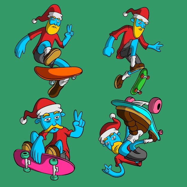 Kerstman skateboarden hand getrokken stijl