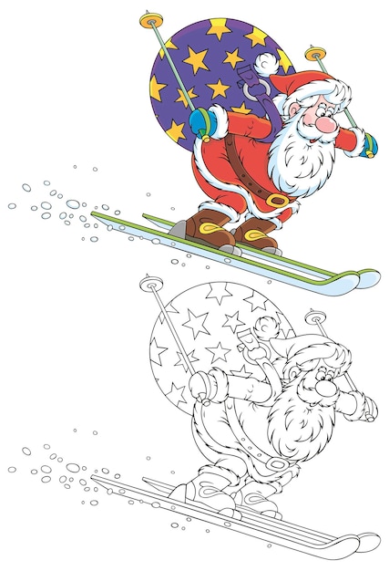 Kerstman skiën met kerstcadeaus cartoon