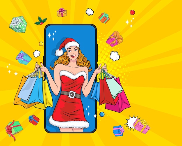 Kerstmanmeisje houdt tassen vast die online winkelen op smartphoneconcept in retro vintage pop art comic style