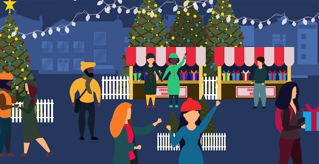 Vector kerstmarkt winkel winter kaart illustratie stad.