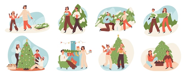 Kerstmensen versieren kerstboom vieren wintervakantie vector illustratie set