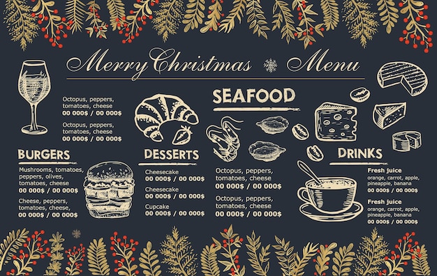 Kerstmenu café. voedsel folder. restaurant menu. sjabloonontwerp.