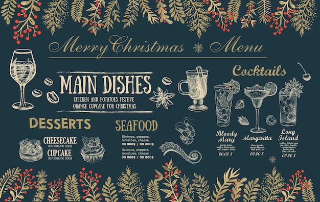 Kerstmenu café. Voedsel folder. Restaurant menu. Sjabloonontwerp.