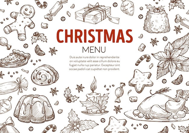 Kerstmenu met eten en cadeautjes, kopieer ruimte. Pudding- en pluimveevlees, peperkoekkoekjes en cadeau, maretak en kaars met brandende vlam. Monochroom schetsoverzicht, vector in vlakke stijl