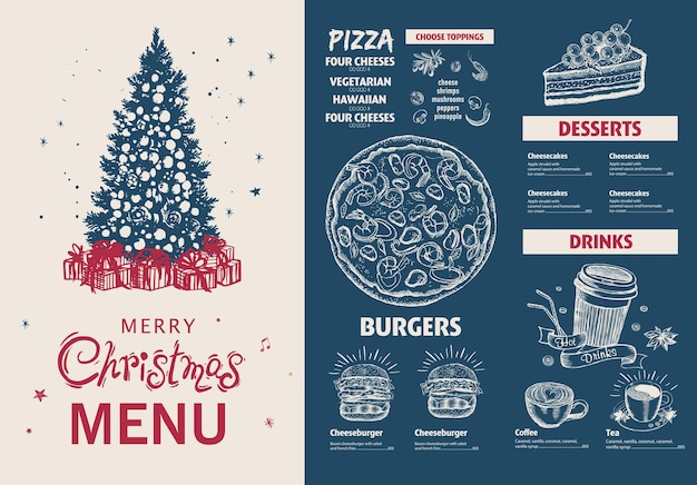 Kerstmenu, sjabloon, met de hand getekende illustratie.