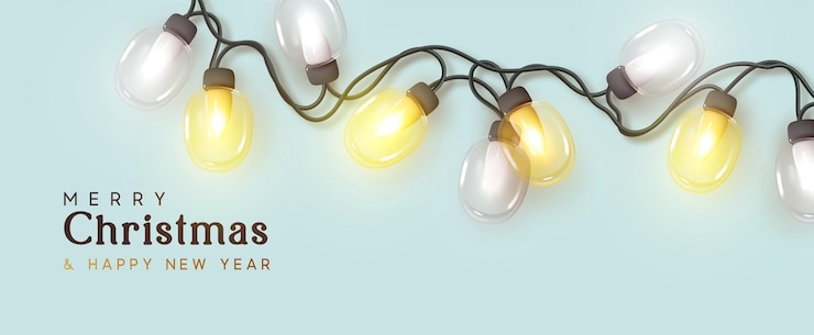 Vector kerstminimale feestelijke achtergrond. realistisch 3d-vakantiedesign, decoratie licht glazen kransen gele en witte lampen. nieuwjaar blauwe banner, webposter, website header. vector illustratie