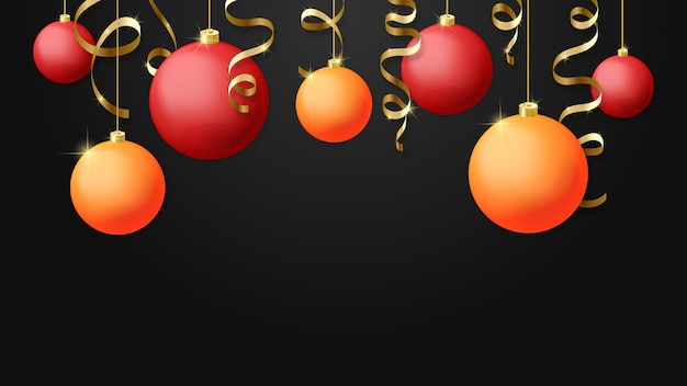 Vector kerstmis achtergrond. rode en oranje kerstballen en gouden serpentine. deel 1.