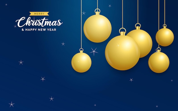 Kerstmis blauwe achtergrond met hangende glanzende gouden ballen Merry christmas wenskaart vakantie Xmas en Nieuwjaar poster webbanner vectorillustratie