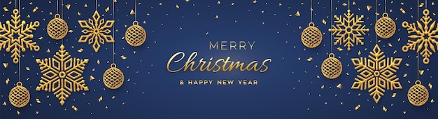 Kerstmis blauwe achtergrond met hangende glanzende gouden sneeuwvlokken en ballen. vrolijk kerstfeest wenskaart. vakantie xmas en nieuwjaar poster, webbanner. vectorillustratie.