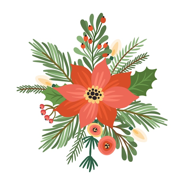 Kerstmis en gelukkig nieuwjaar bloemstuk kerstboom bloemen bessen geïsoleerde illustratie