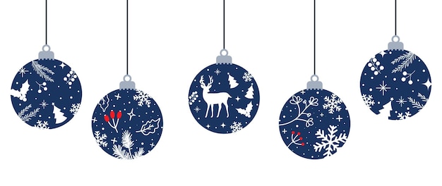 Kerstmis en Gelukkig Nieuwjaar concept vector achtergrond. Decoratie set blauwe bolletjes met decoratie erin