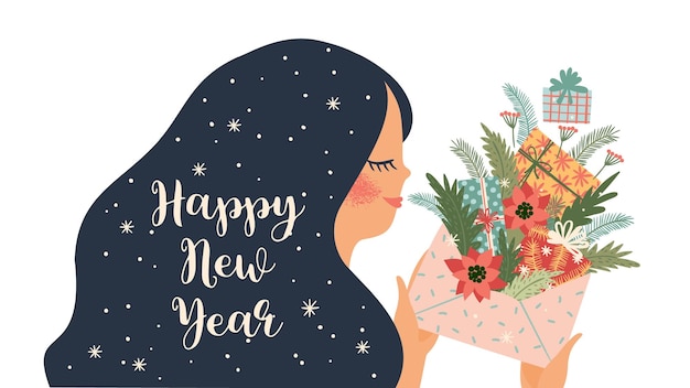 Kerstmis en gelukkig Nieuwjaar geïsoleerde illustratie met schattige vrouw Vector design