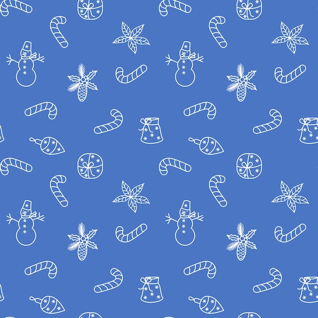 Kerstmis en gelukkig Nieuwjaar naadloos patroon met dennenappelsneeuwman en snoep
