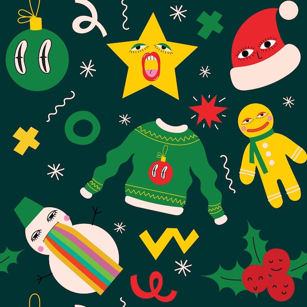 Kerstmis en gelukkig Nieuwjaar naadloze patroon met Christmas Santa speelgoed en geschenken Trendy retro-stijl Vector ontwerpsjabloon