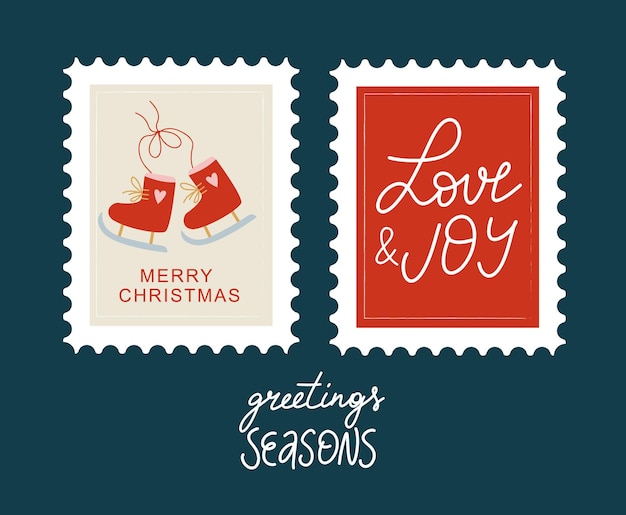 Kerstmis en gelukkig nieuwjaar postzegel illustratie met belettering groet seizoen