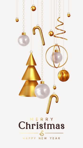 Kerstmis en Nieuwjaar achtergrond. Conische abstracte gouden kerstbomen. Xmas Ballen opknoping op lint. Heldere wintervakantie samenstelling. Wenskaart, spandoek, poster. vectorillustratie