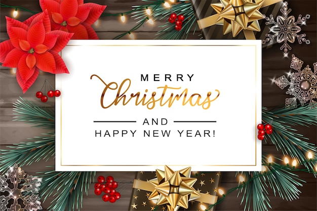 Kerstmis en Nieuwjaar achtergrond met realistische geschenkdozen en decoraties