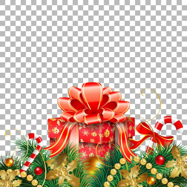 Vector kerstmis en nieuwjaar banner met gift, fir branches, gold streamer en candy. vectorillustratie op transparante achtergrond