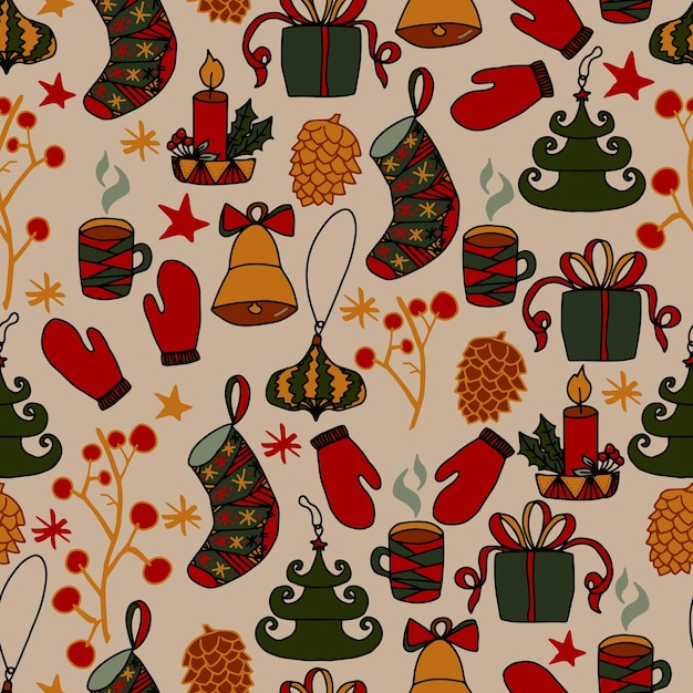 Kerstmis en nieuwjaar doodles vector naadloze patroon winter achtergrond voor het verpakken van gefeliciteerd en uitnodigingen