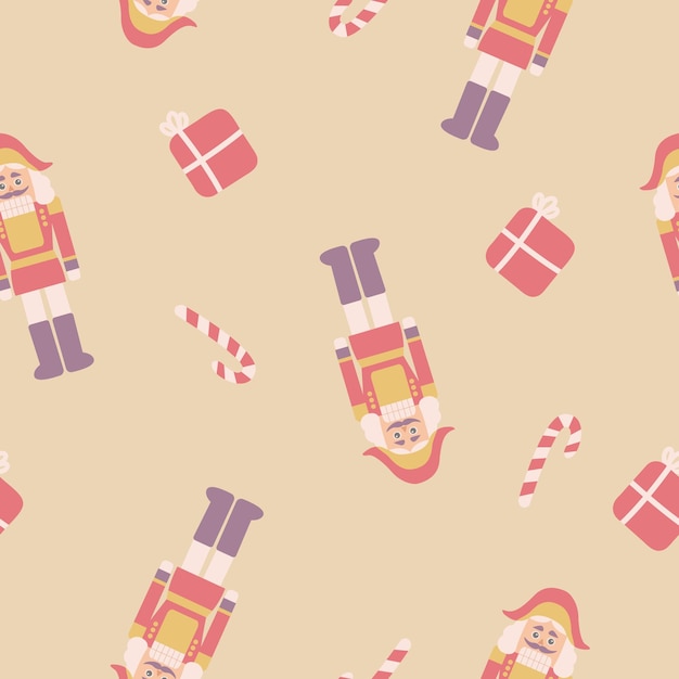 Vector kerstmis en nieuwjaar naadloze patroon met notenkrakers en lolly seizoensgebonden ontwerp voor cadeaupapier stoffen kaarten uitnodiging kinderen banner poster