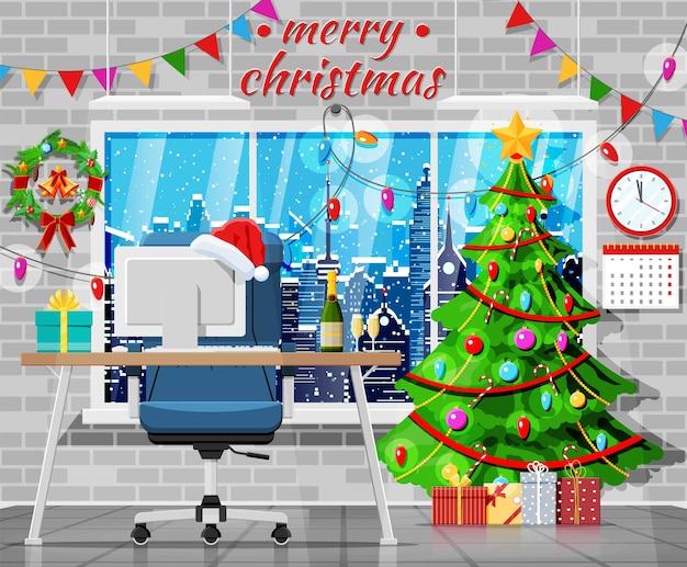 Kerstmis en nieuwjaar office desk werkruimte interieur. geschenkdoos, kerstboom, pc, stoel, champagne, stadsgezicht. nieuwjaar decoratie. merry christmas holiday xmas celebration. vector illustratie