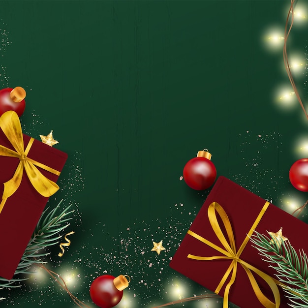 Vector kerstmis en nieuwjaar poster op een groene achtergrond met dennentakken, rode ballen en een slinger. realistische vakantie-achtergrond