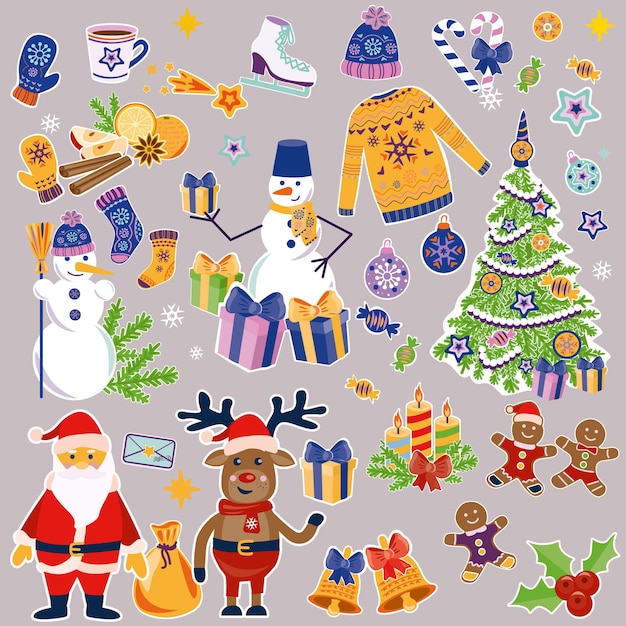 Kerstmis en Nieuwjaar vector elementen set kerstboom sneeuwman sneeuw man peperkoek man snoep
