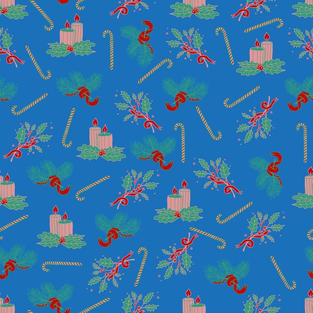 Kerstmis en Nieuwjaar vector naadloze patroon Vuren takken versierd met kerst snoep stokken lollies