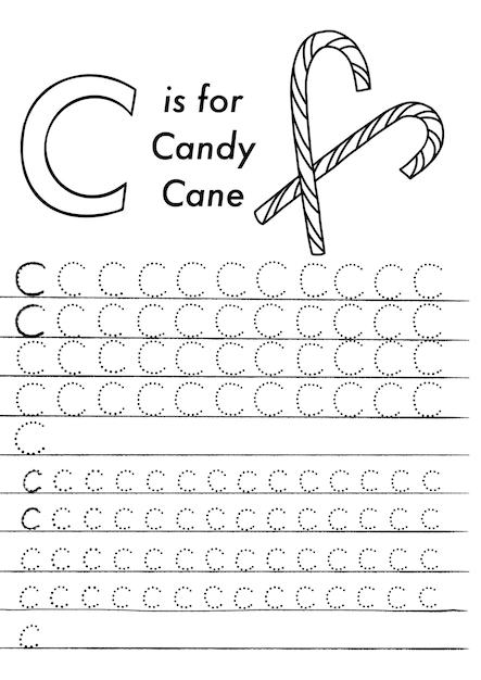 Kerstmis en nieuwjaar voorschoolse abc tracing werkblad. eenvoudig educatief afdrukbaar spel met kleurafbeeldingen en letters. kinderen spelen en leren pagina's. vector illustratie