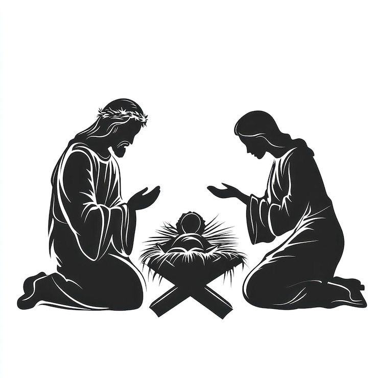 Vector kerstmis geboorte scène van de baby jezus in de kribbe met maria en jozef schoon eenvoudig vector silhouet zwart