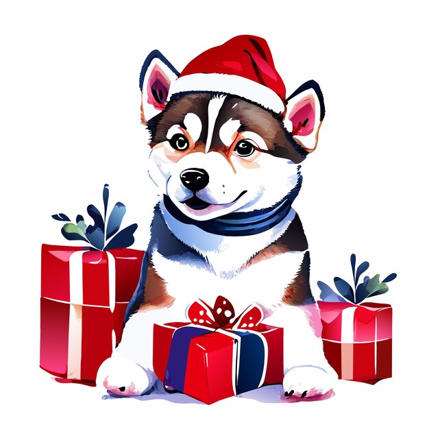 Vector kerstmis husky puppy met de hand getekende cartoon sticker icoon concept geïsoleerde illustratie