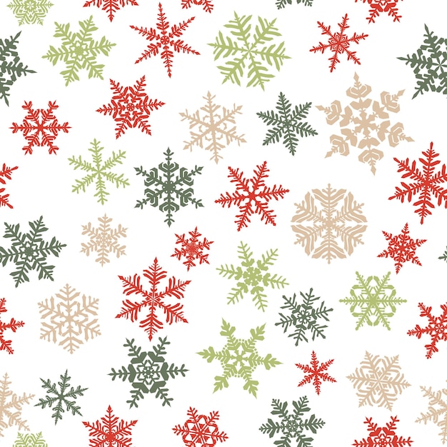 Kerstmis naadloos patroon met complexe grote en kleine sneeuwvlokken gekleurd op witte achtergrond