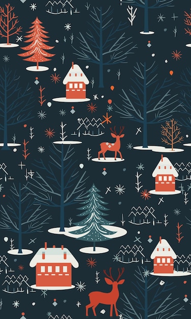 Kerstmis naadloos patroon met winterbos en hert Scandinavisch ontwerp voor behang op het startscherm