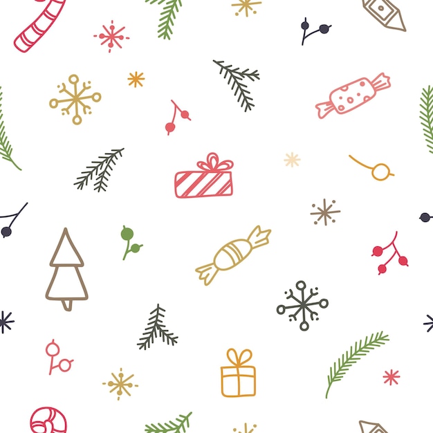 Kerstmis naadloos patroon versierd met een sneeuwvlokken kerstbomen geschenken en snoepjes