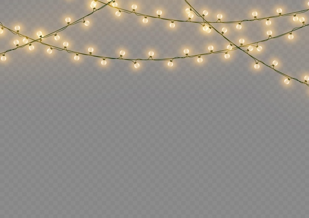 Kerstmis nieuwjaar gele slingers led-neonlamp gloeiende gouden gloeilampen op draadsnaren vector