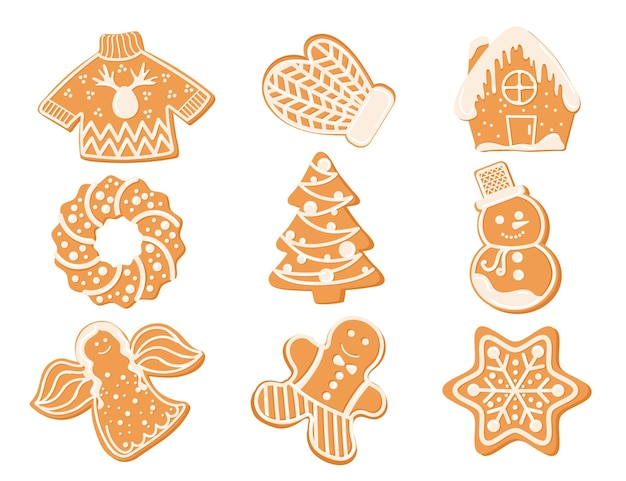 Vector kerstmis peperkoekjes zoete nieuwjaars koekjes dessert vakantie traktatie in de vorm van winter trui warme handschoen versierd huis donut engel gingerman sneeuwvogel sparrenboom set