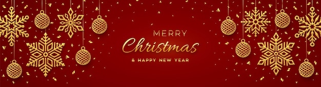 Kerstmis rode achtergrond met hangende glanzende gouden sneeuwvlokken en ballen. Vakantie Xmas en Nieuwjaar poster, webbanner. Vrolijk kerstfeest wenskaart. Vectorillustratie.
