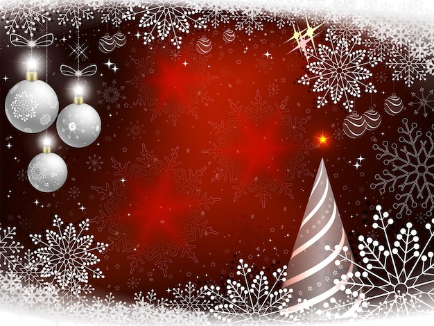 Kerstmis rode achtergrond met vuren witte kerstballen en sneeuwvlokken