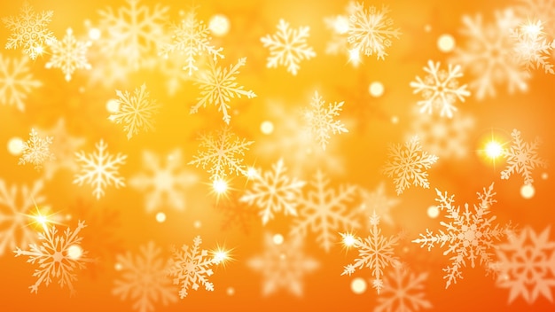Kerstmis wazige achtergrond van complexe onscherpe grote en kleine vallende sneeuwvlokken in gele kleuren met bokeh-effect
