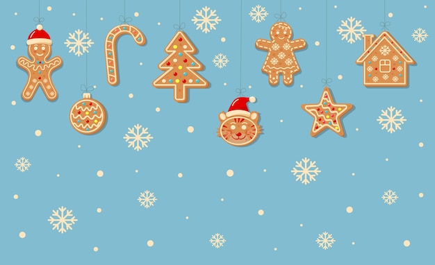 Kerstmisachtergrond met hangende peperkoekkoekjes. Kerstboom, tijger, bal, ster, snoep, peperkoekman, peperkoekvrouw, huis.