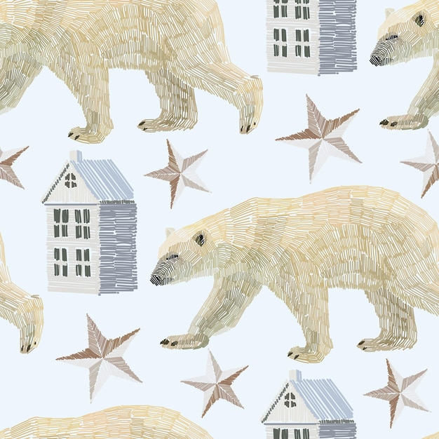 Kerstmisachtergrond met ijsbeerhuis en sterren naadloos patroon