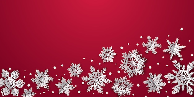 Kerstmisachtergrond met volumedocument sneeuwvlokken met zachte schaduwen op rode achtergrond