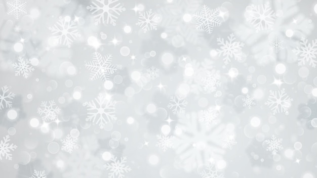 Vector kerstmisachtergrond met witte vage en duidelijke sneeuwvlokken op grijze achtergrond grote vage en duidelijke kleine sneeuwvlokken kerstmis vectorillustratie van mooie sneeuwvlokken
